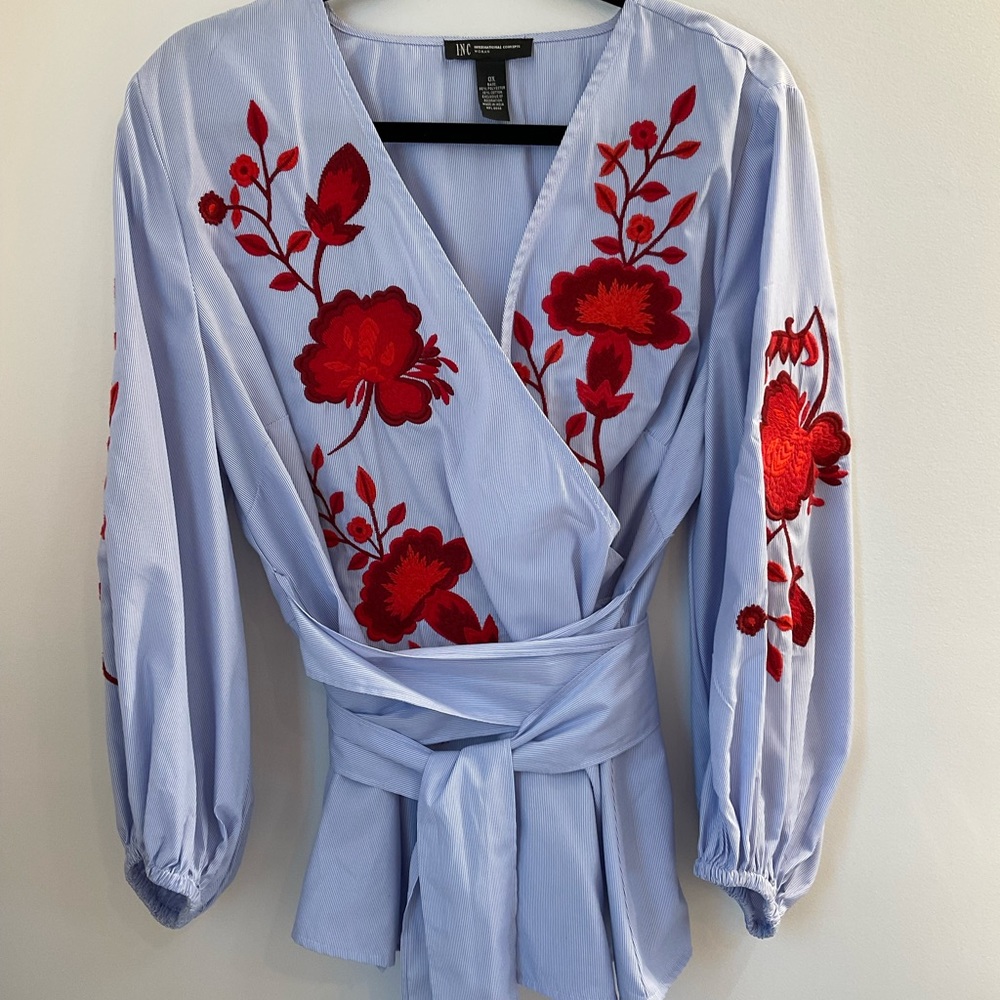 INC International Concepts Light Blue Wrap Top with Red Floral Embroidery